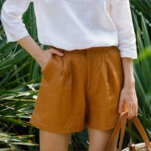 Hannah Canvas 100% Linen High Waist Shorts In Latte Size Large